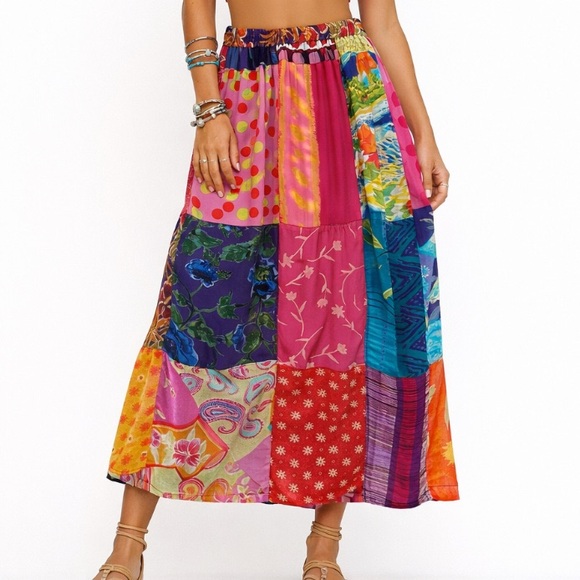 Sacred Threads Dresses & Skirts - Vintage Sacred Threads Boho Patchwork Maxi Skirt Elastic Waist Mixed Print Small